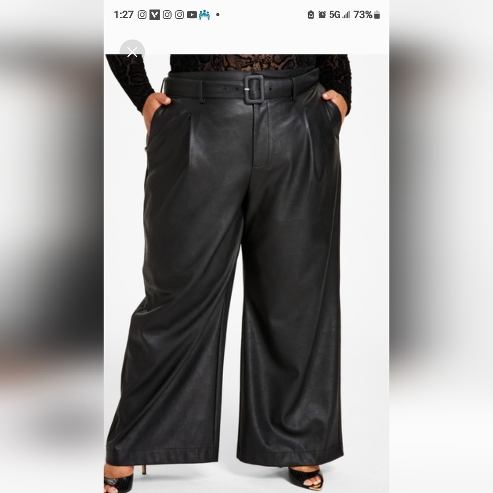 Nina Parker Women's Black Faux Leather Belted Wide-Leg Pants Plus Size 20W